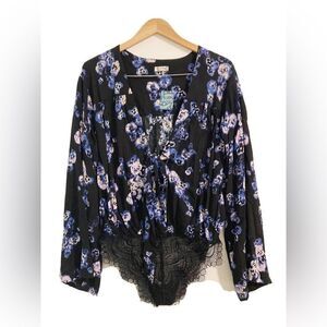 Free People Intimately Forties Feels Bell Sleeve Floral Blue Bodysuit